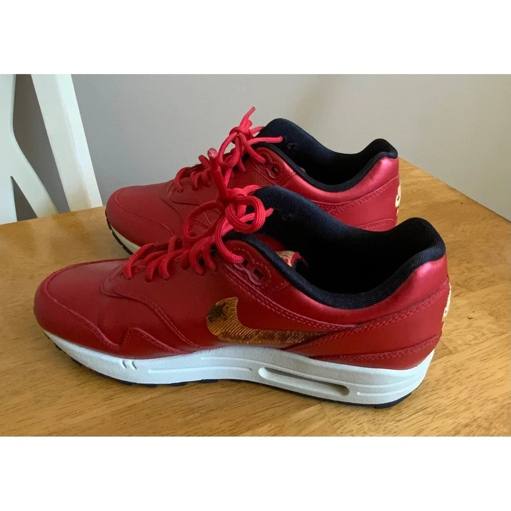 Nike Air Max 1 University Red Metallic Gold Sequin Women's‎ Sneakers Size 8 US